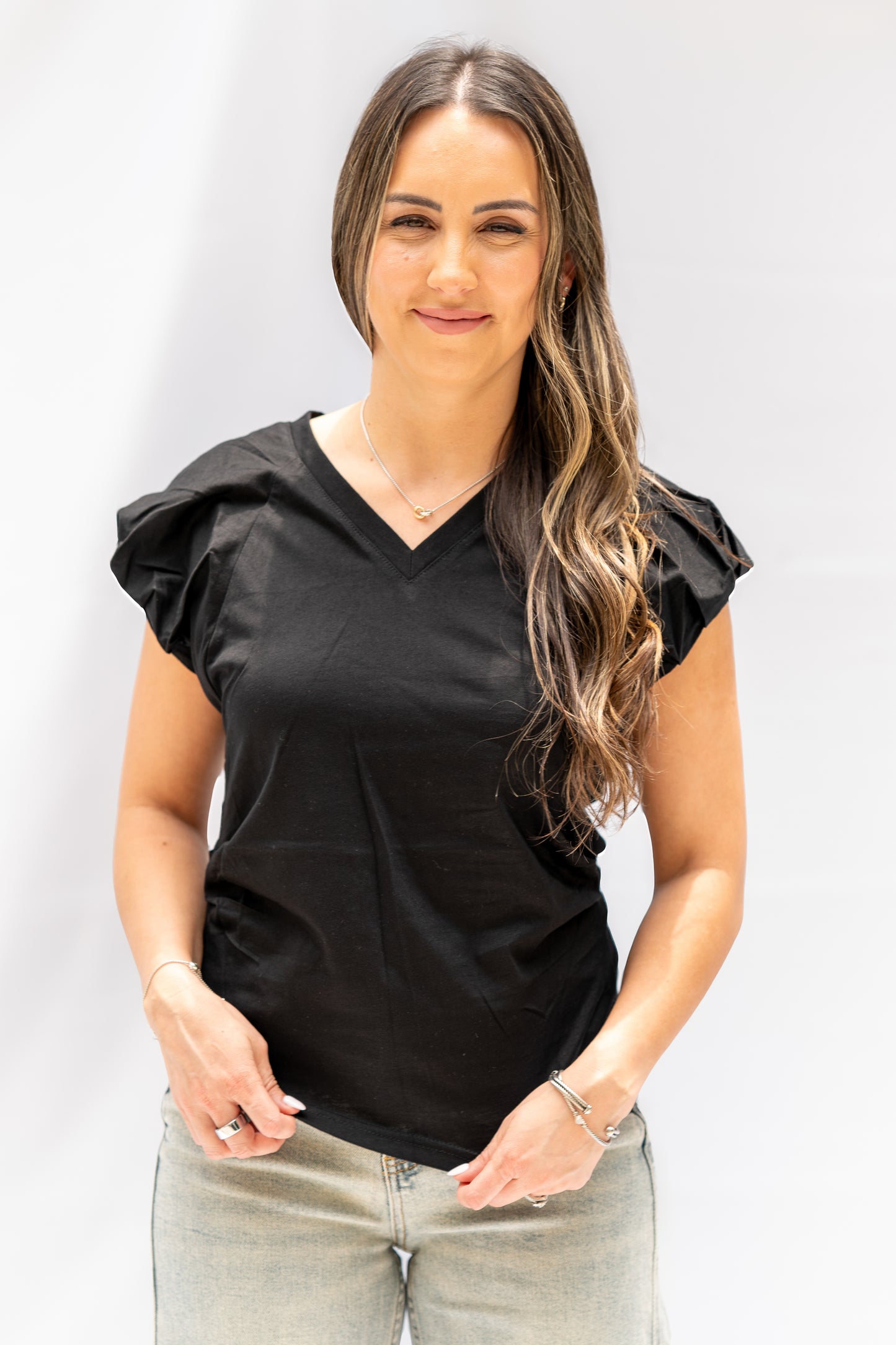 V-Neckline Raglan Cap Sleeve Ruche Shirt