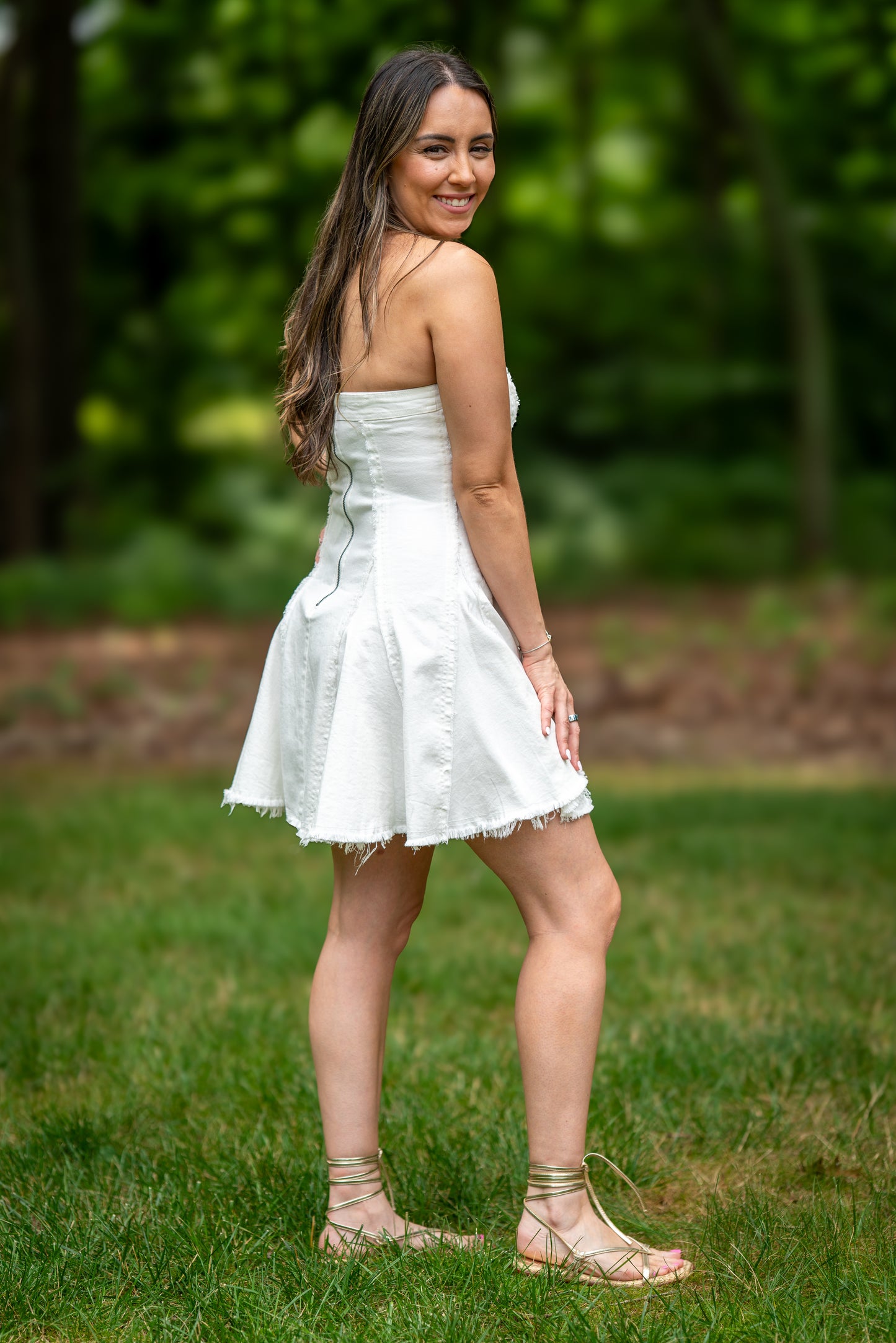 Raw Edge Seamed Strapless Denim Dress