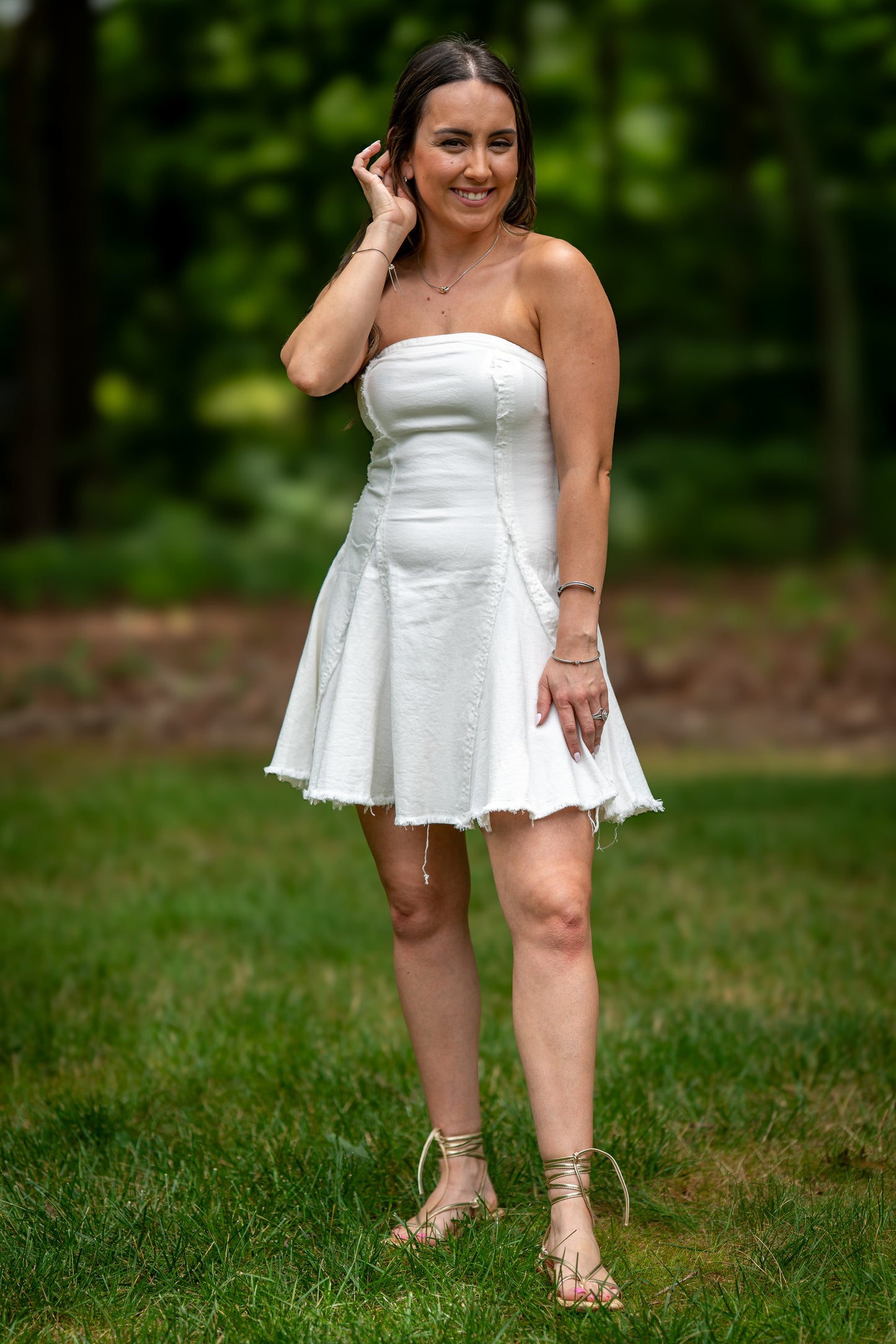 Raw Edge Seamed Strapless Denim Dress