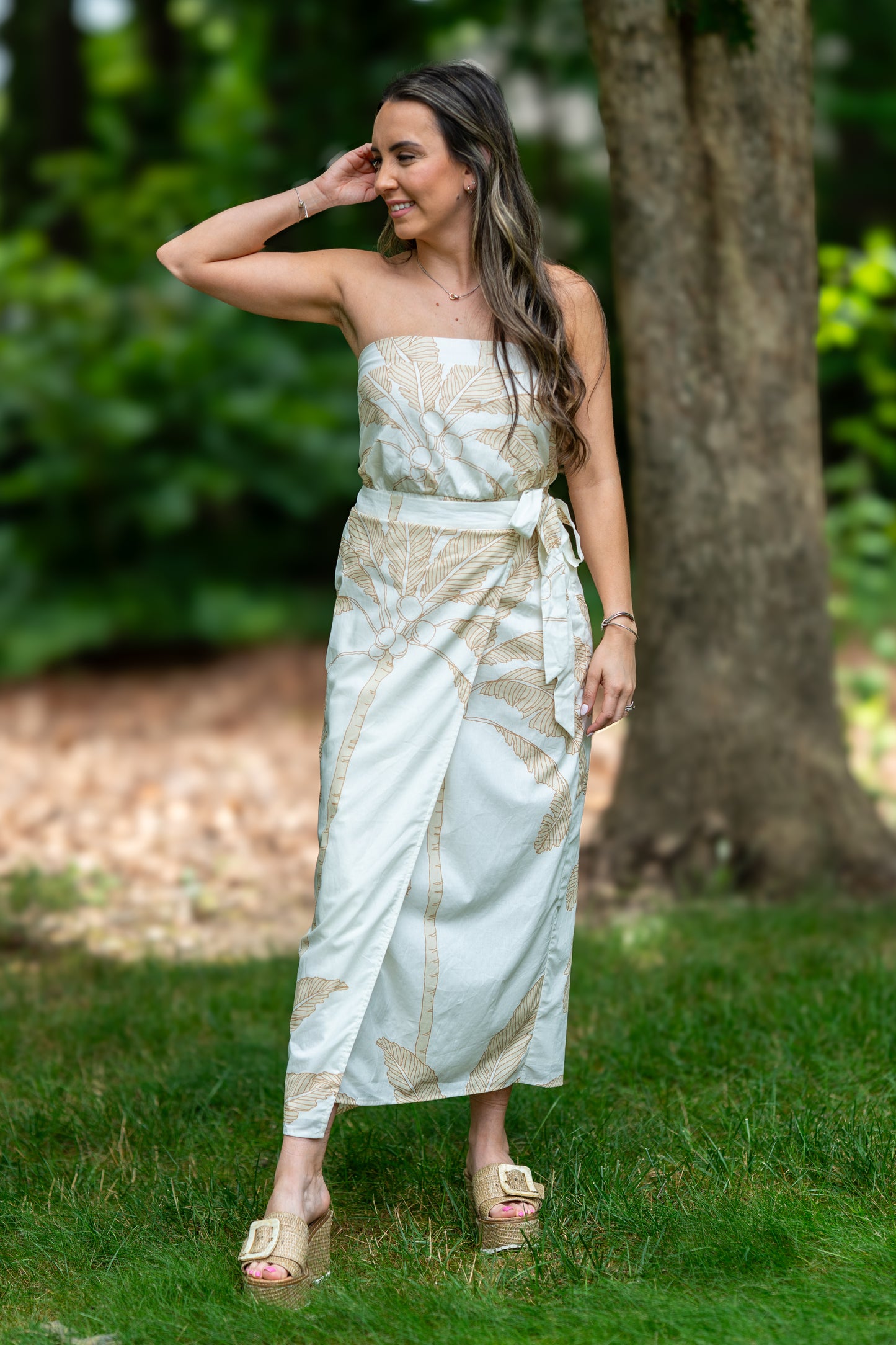 Palm Tree Print Tube Midi Dress