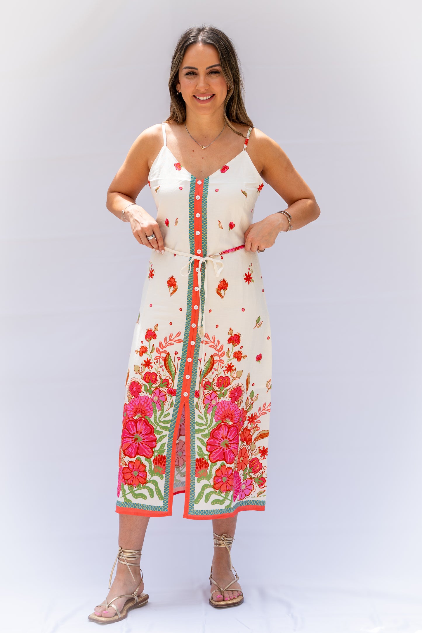 Off-White Dress with Coral Floral Print