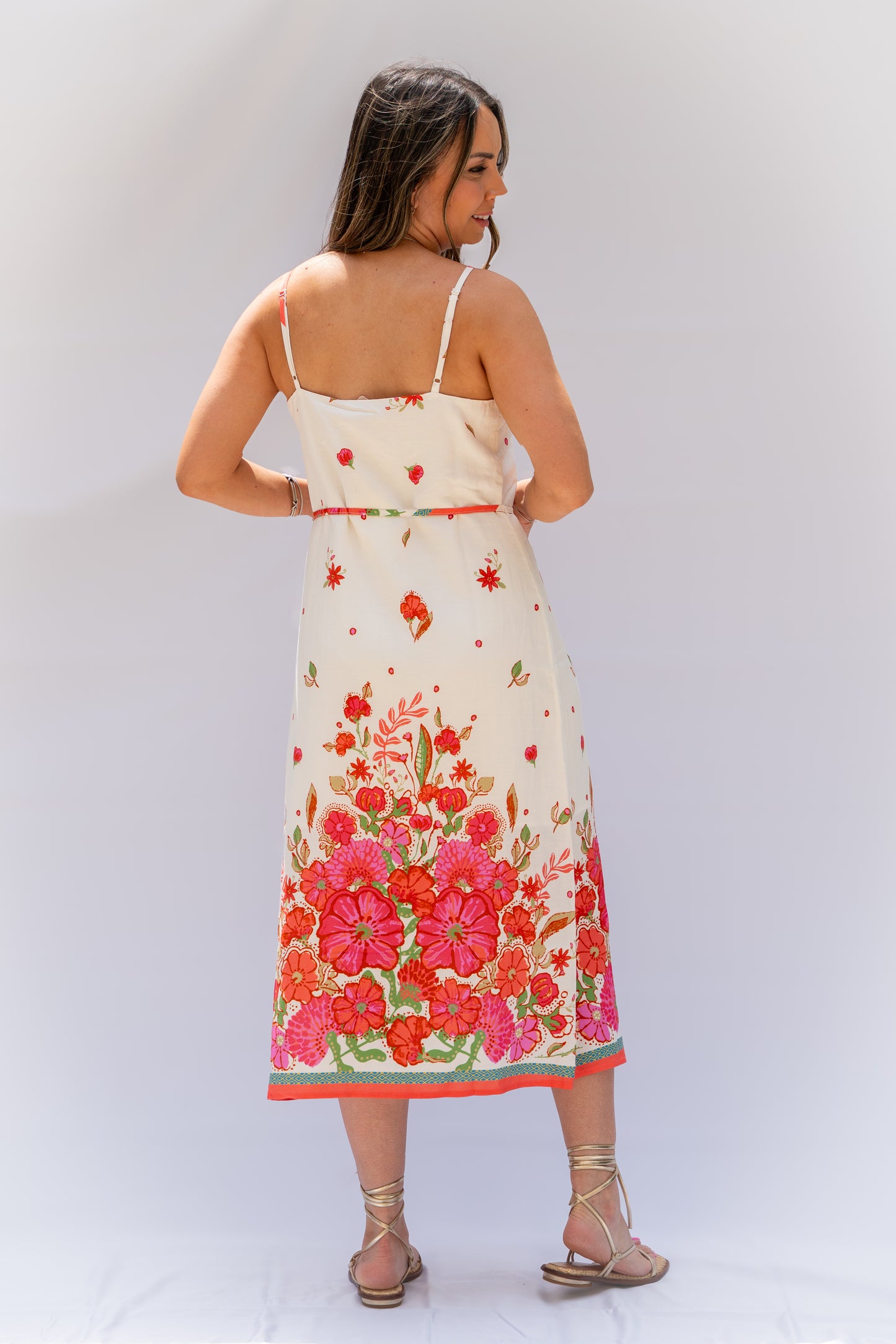 Off-White Dress with Coral Floral Print