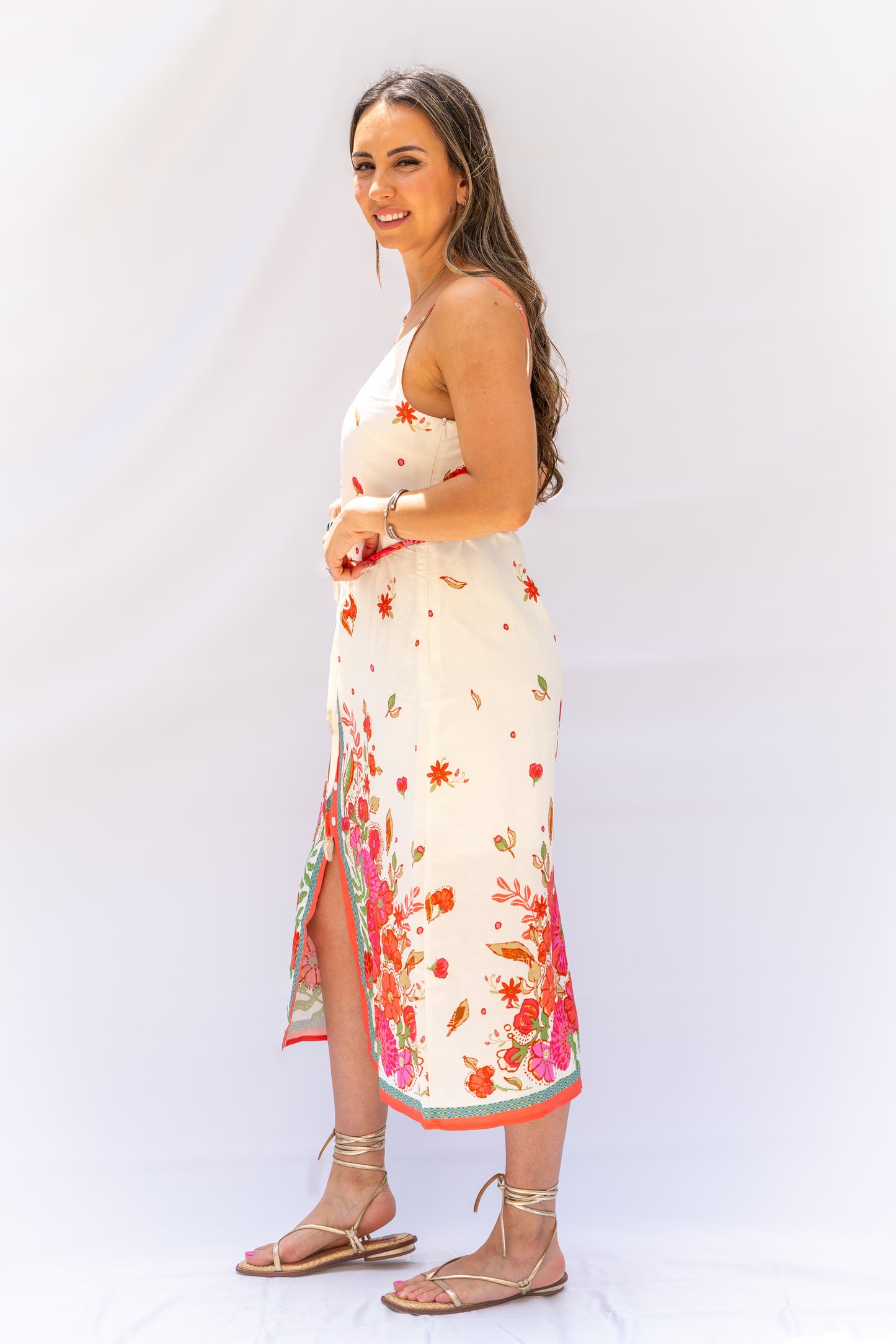 Off-White Dress with Coral Floral Print