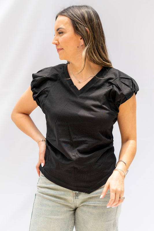 V-Neckline Raglan Cap Sleeve Ruche Shirt