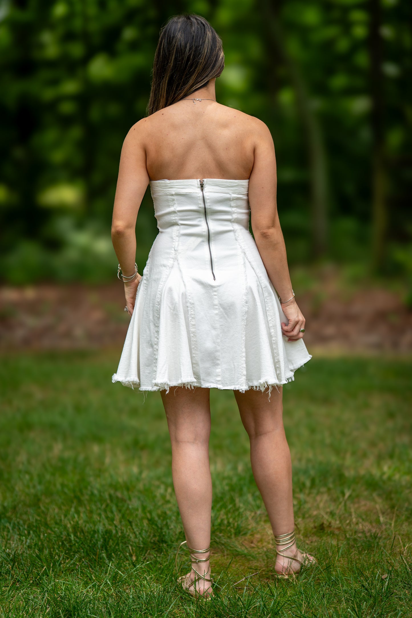 Raw Edge Seamed Strapless Denim Dress