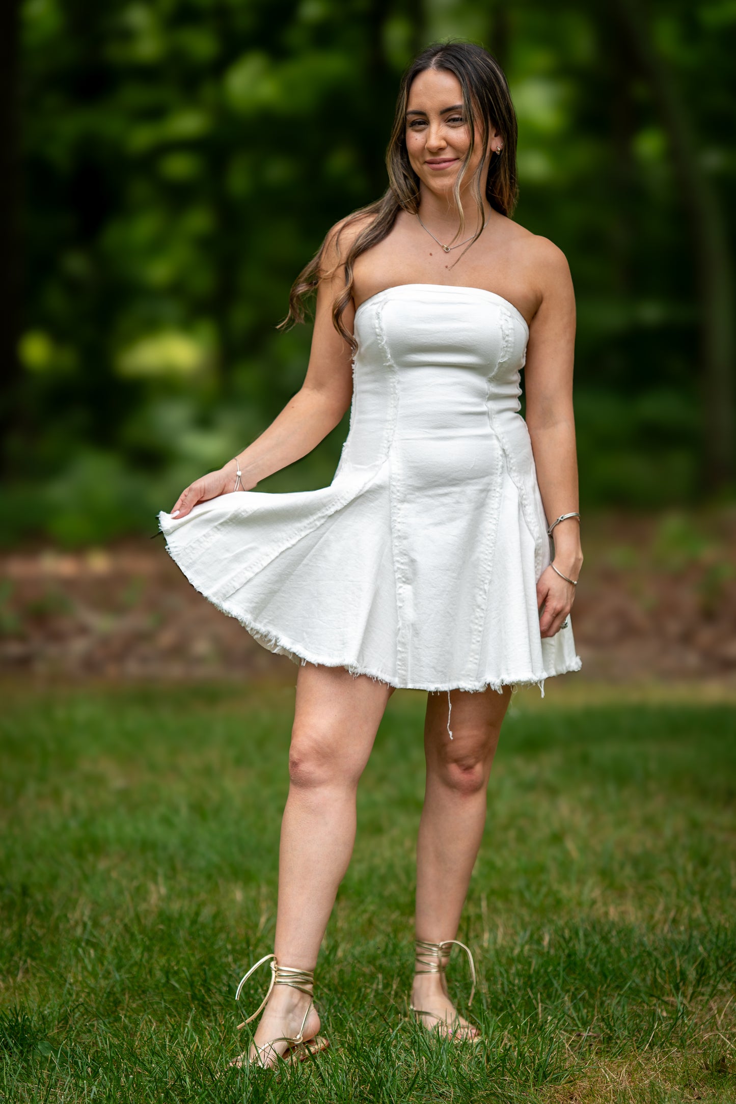 Raw Edge Seamed Strapless Denim Dress