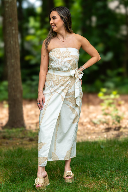 Palm Tree Print Tube Midi Dress