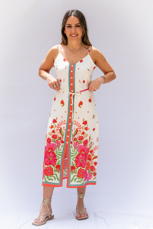 Off-White Dress with Coral Floral Print